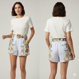 JOIE Hi Waist Linen Belted Shorts Ombre Light Blue/Ivory/Yellow Paisley Women M